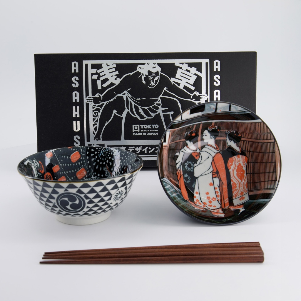 Asakusa Tayo Bowl Giftset 2pcs w/chopsticks 14.8x7cm 550ml C 33606 1/20