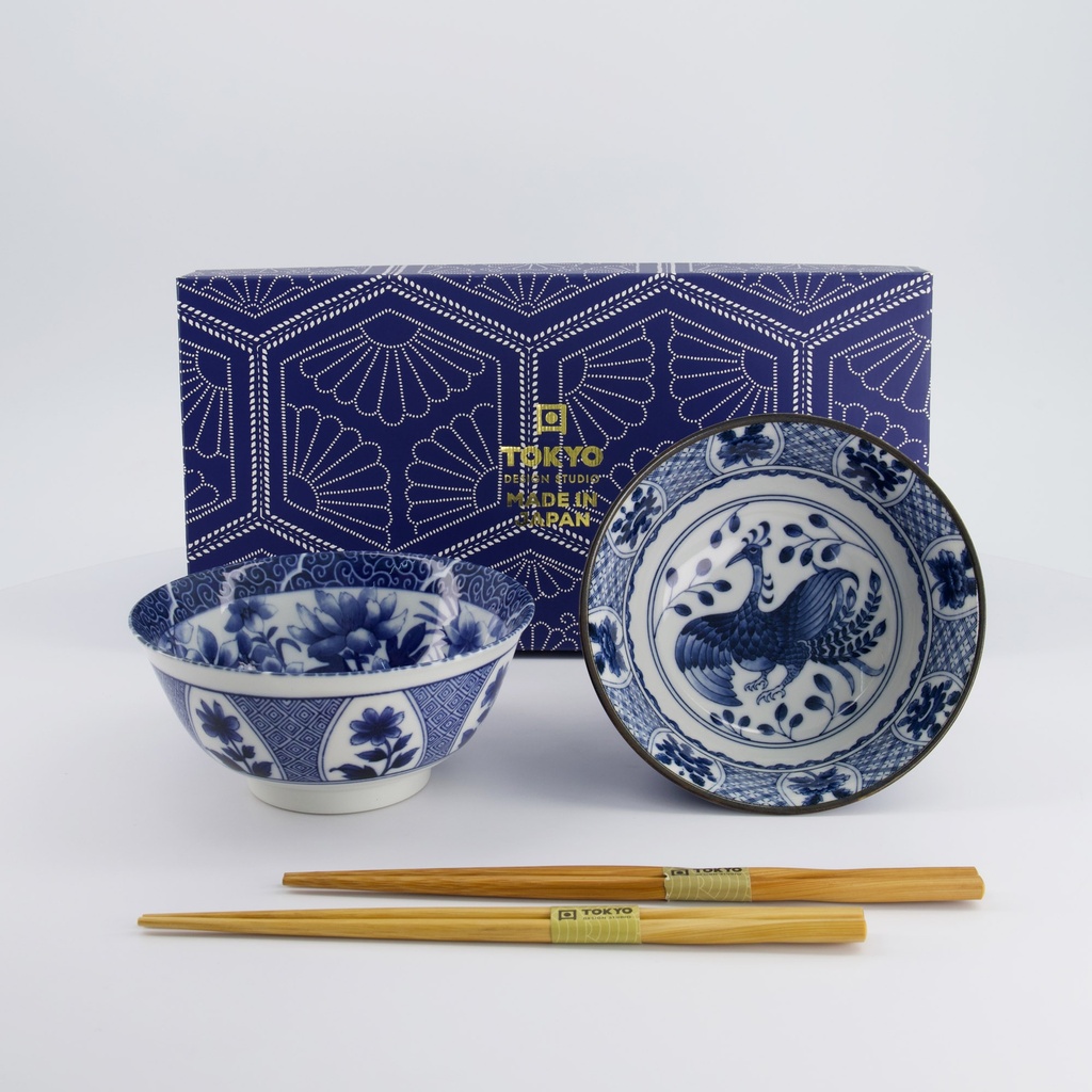 Mixed Tayo Bowls 2pcs Giftset w/chopsticks 15x7cm 500ml Blue/White B 33751 1/16