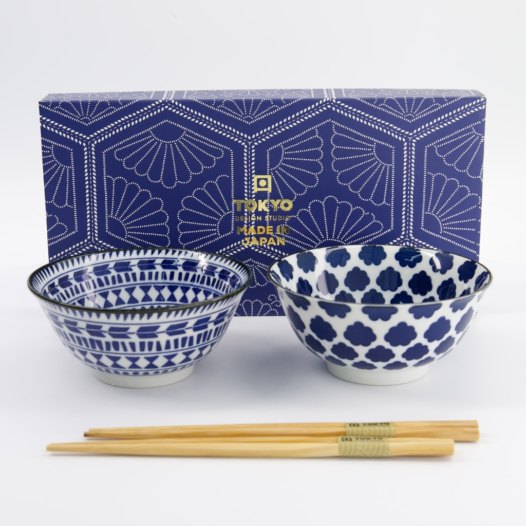 Mixed Tayo Bowls 2pcs Giftset w/chopsticks 15x7cm 500ml Blue/White D 33753 1/16