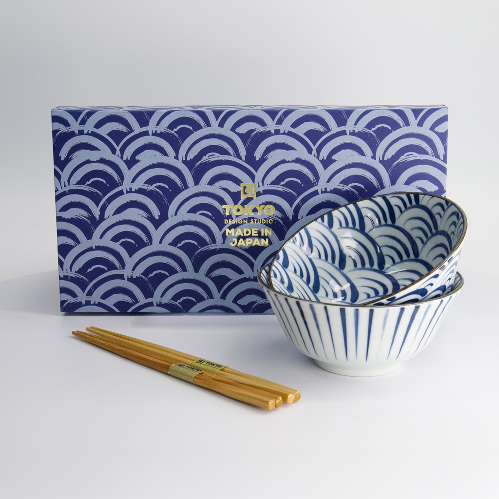 Natsu Tayo Bowl Giftset 2pcs w/chopsticks 15.5x7cm 500ml Blue/White 33780 1/16