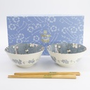 Fujisakura Tayo Bowl Giftset 2pcs w/chopsticks 15.2x6.7cm 500ml Gray 33782 1/16
