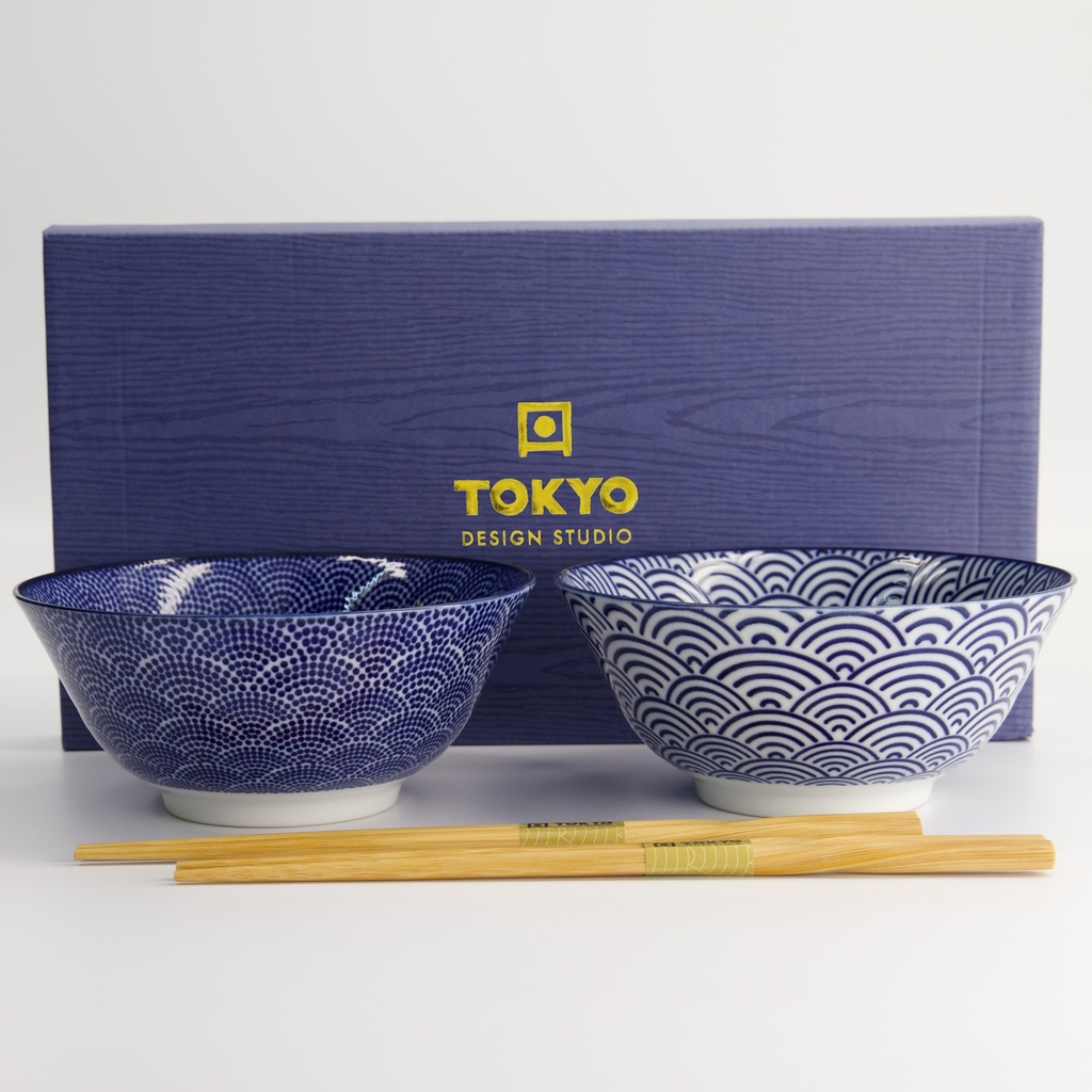 Nippon Blue Tayo Bowl Giftset 2pcs w/chopst. 15.2x6.7cm Dots & Wave TN-10/AB 1/12