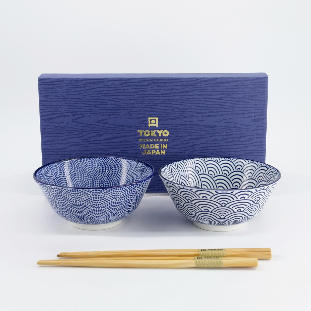 Nippon Blue Tayo Bowl Giftset 2pcs w/chopst. 15.2x6.7cm Dots & Wave TN-10/AB 1/12