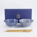 Nippon Blue Tayo Bowl Giftset 2pcs w/chopst. 15.2x6.7cm Dots & Wave TN-10/AB 1/12