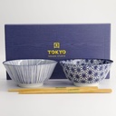 Nippon Blue Tayo Bowl Giftset 2pcs w/chopst. 15.2x6.7cm Star & Lines TN-10/DF 1/12