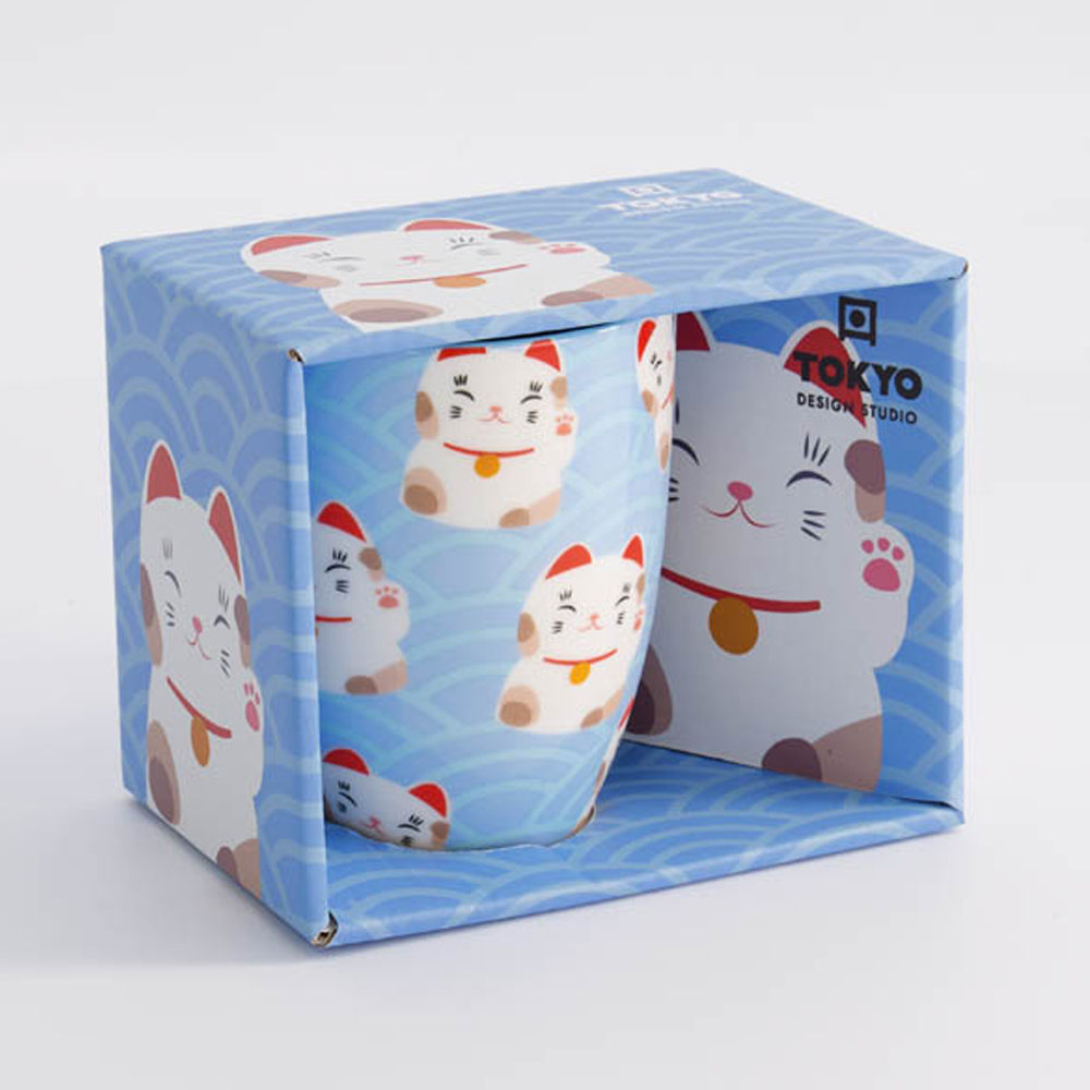 Kawaii Lucky Cat Mug W/Giftbox Wh/Bl Cat 8.5x10.2cm 340ml 21533 1/36
