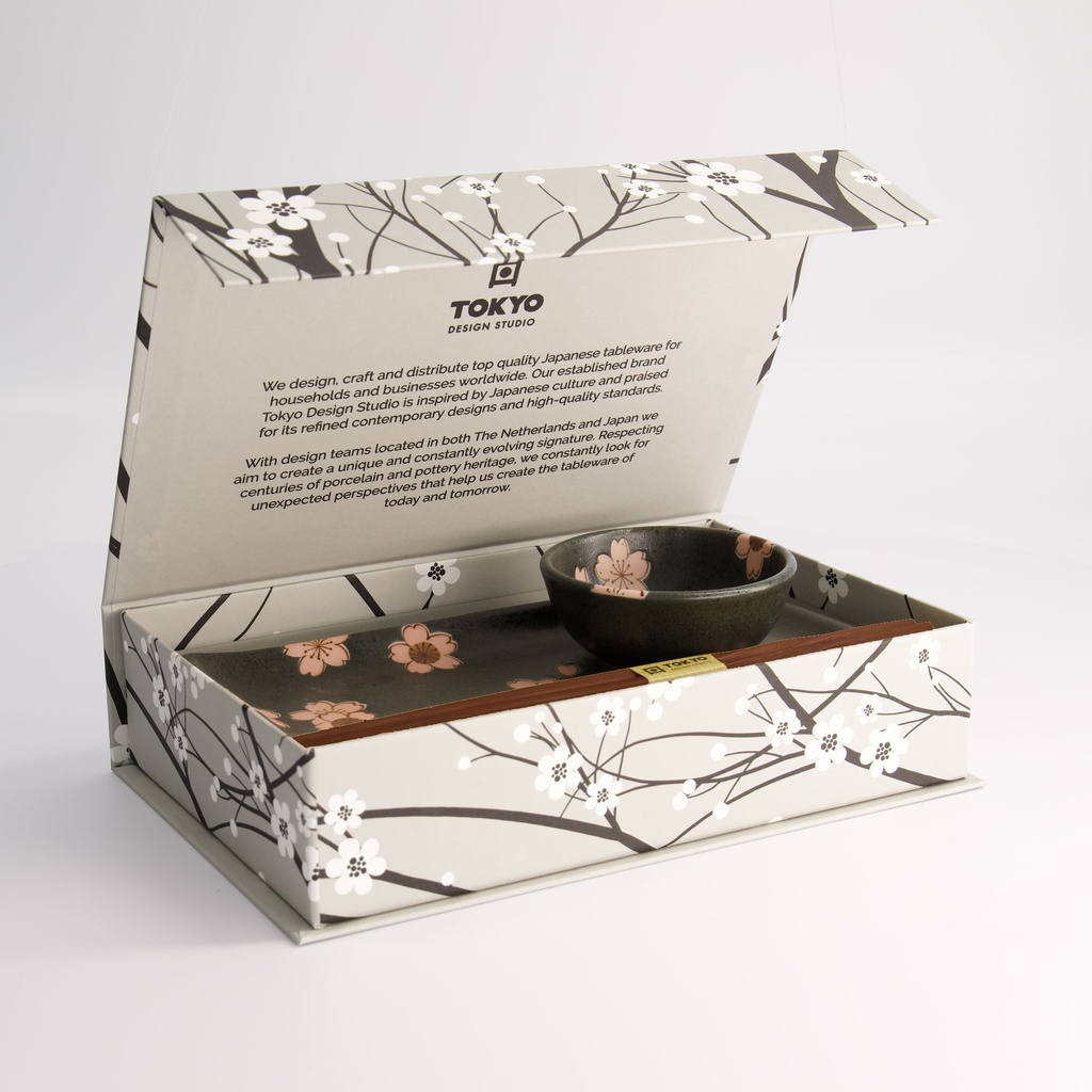 Sakura Black Sushi Set 2pcs w/ chopsticks 22.5x12.7cm & 8.6x3.6cm 22583
