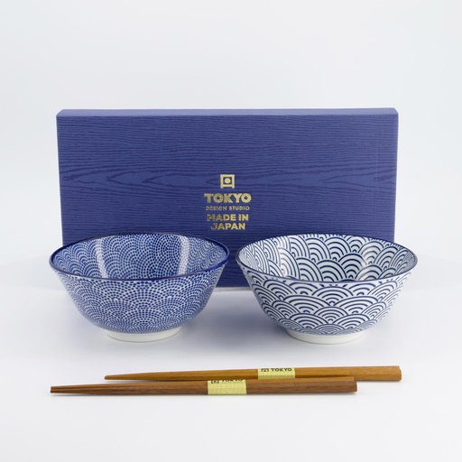 [16041] Nippon Blue Tayo Bowl Giftset 2pcs w/chopst. 15.2x6.7cm Dots & Wave TN-10/AB 1/12