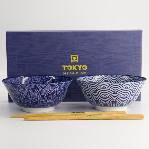 [16041] Nippon Blue Tayo Bowl Giftset 2pcs w/chopst. 15.2x6.7cm Dots & Wave TN-10/AB 1/12
