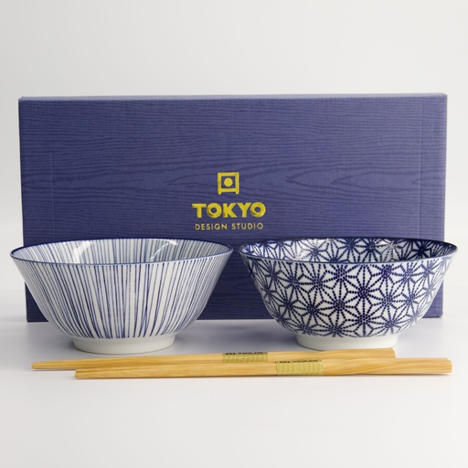 [17951] Nippon Blue Tayo Bowl Giftset 2pcs w/chopst. 15.2x6.7cm Star & Lines TN-10/DF 1/12