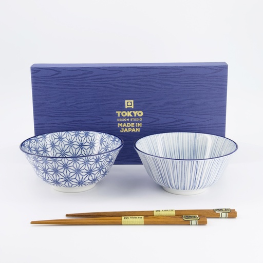 [17951] Nippon Blue Tayo Bowl Giftset 2pcs w/chopst. 15.2x6.7cm Star & Lines TN-10/DF 1/12