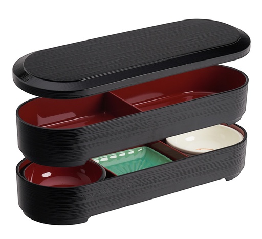 [18624] Bento Box Oval Hegime Black 36.2x12.4x5.7 Full SET (RECEPT)