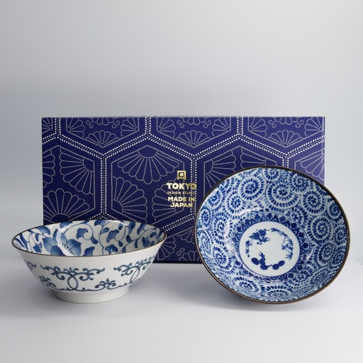 [22529] Haru Blue Mixed Ramen Bowls 2pcs Giftset 19x7.5cm 1000ml 1/12