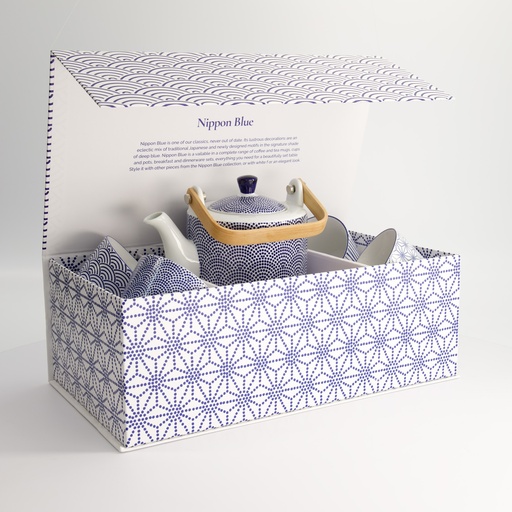 [17990] Nippon Blue Tea Giftset Dots 0.8lt w/ 4 Cups Lines-Star-Dots-Wave 1/6