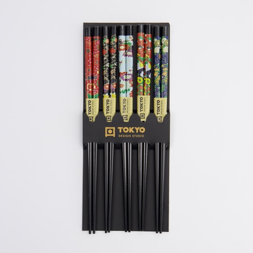 [17915] Chopstick Set/5 Black Flower A3-12 17915 10/200