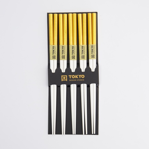 [14698] Chopstick Set/5 Gold & White 10/200
