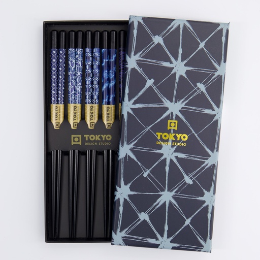 [4799] Chopstick Giftset/5 Blue Mixed Designs B-9091X 1/100