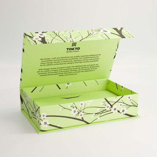 [24329] Paper Giftbox 11D 25x16.5x6cm Sakura Pistache Green Set for: 3pcs  #21345 #21349 & Chopstick 1/6