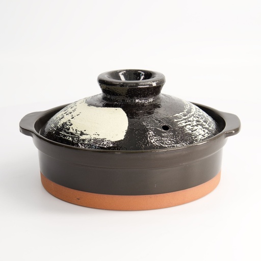 [21089] Kitchen Donabe Earthen Casserole IH Black Brush Design 18cm No. 6 1/16