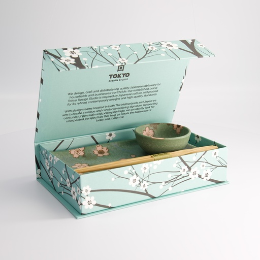 [22584] Sakura Green Sushi Set 2pcs w/ chopsticks 22.5x12.7cm & 8.6x3.6cm 22584