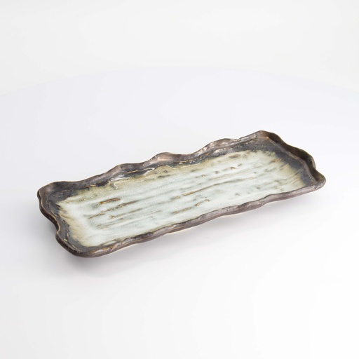 [21903] Yamasaku White/Brown Rectangular Plate 29x13x3cm KA-47 6/36