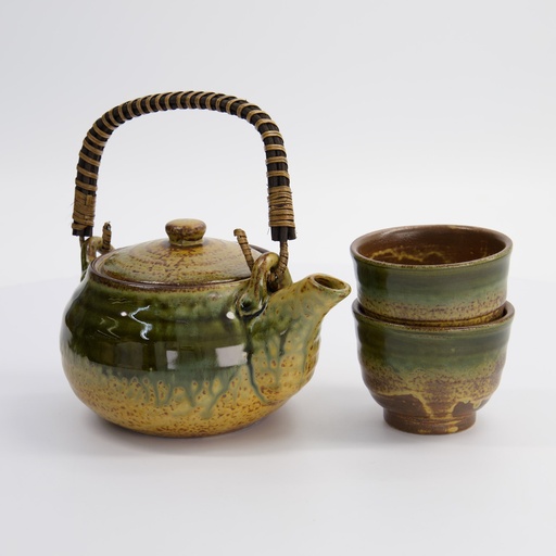 [21989] Oribe Green/Brown Tea Set 0.8L w/2 Cups 180ml 21989 1/12