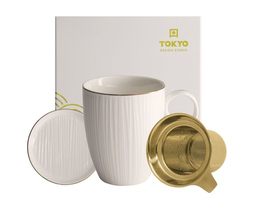 [16431] Nippon White Gold Rim Mug Giftset Lines w/Strainer and Tea Tip 16431 1/24