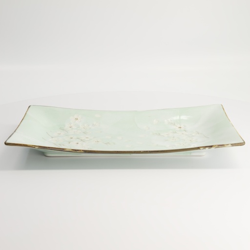 [16508] Green Cosmos Oblong Plate 33.2x19.3x2.2cm Q213/GC 1/12