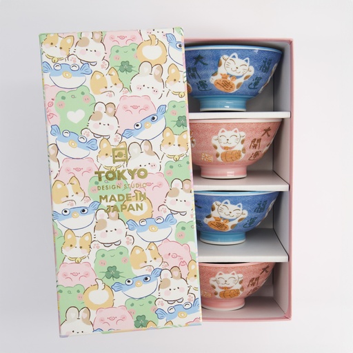 [33360] Kawaii Lucky Cat Blue/Pink Ricebowl Giftset 4pcs 11.3x5.8cm B 33360 1/20