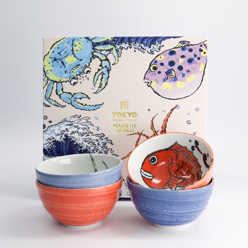 [33698] Seafood Bowl Giftset 4pcs 13.2x7.3cm 500ml Lobster & Snapper BL/RD 33698 1/10