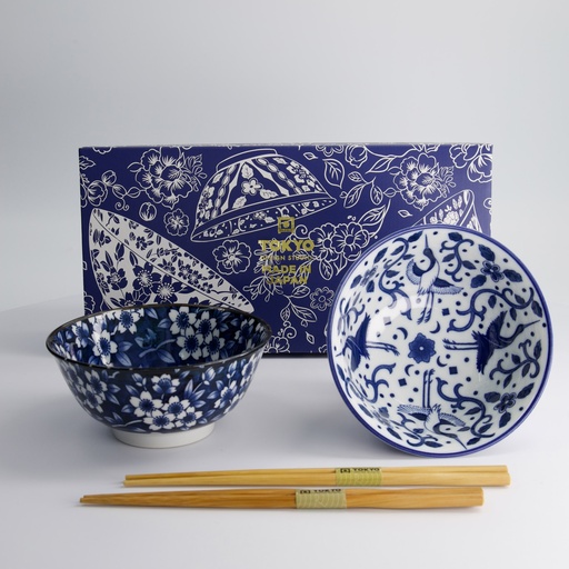 [33745] Tokyo Blue Tayo Bowl Giftset 2pcs w/chopsticks 15x7cm 500ml B 33745 1/16