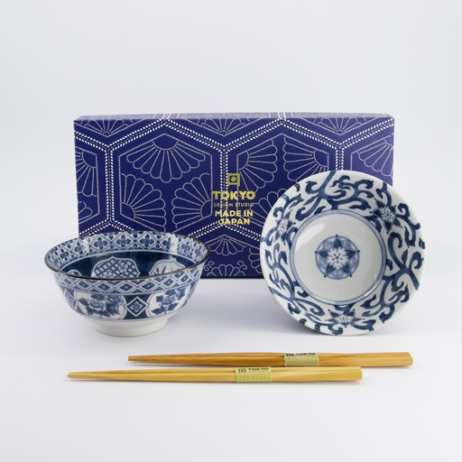 [33750] Mixed Tayo Bowls Giftset 2pcs w/chopsticks 15x7cm 500ml Blue/White A 33750 1/16
