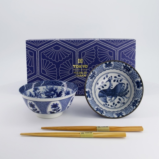 [33751] Mixed Tayo Bowls 2pcs Giftset w/chopsticks 15x7cm 500ml Blue/White B 33751 1/16