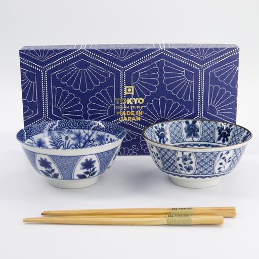 [33751] Mixed Tayo Bowls 2pcs Giftset w/chopsticks 15x7cm 500ml Blue/White B 33751 1/16