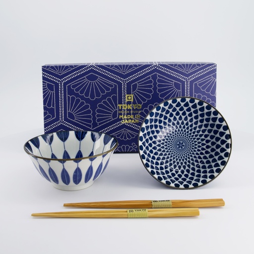 [33752] Mixed Tayo Bowls 2pcs Giftset w/chopsticks 15x7cm 500ml Blue/White C 33752 1/16