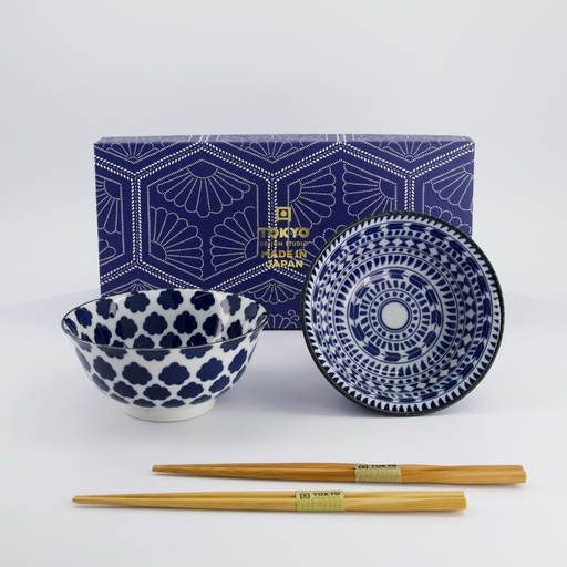 [33753] Mixed Tayo Bowls 2pcs Giftset w/chopsticks 15x7cm 500ml Blue/White D 33753 1/16