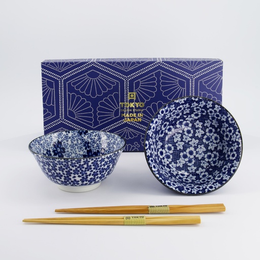 [33754] Mixed Tayo Bowls 2pcs Giftset w/chopsticks 15x7cm 500ml Blue/White E 33754 1/16
