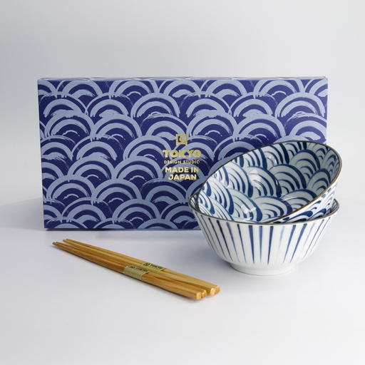[33780] Natsu Tayo Bowl Giftset 2pcs w/chopsticks 15.5x7cm 500ml Blue/White 33780 1/16