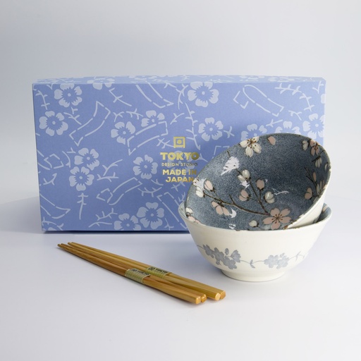 [33782] Fujisakura Tayo Bowl Giftset 2pcs w/chopsticks 15.5x7cm 500ml Gray 33782 1/16