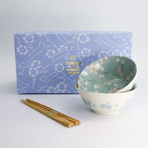 [33783] Fujisakura Tayo Bowl Giftset 2pcs w/chopsticks 15.5x7cm 500ml Green 33783 1/16 