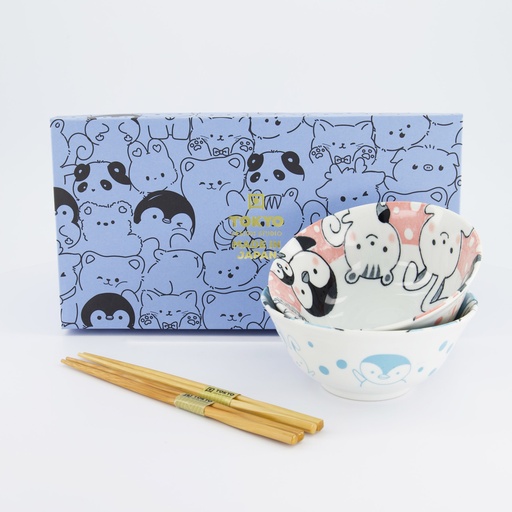 [33786] Kawaii Animals Tayo Bowl Giftset 2pcs w/chopsticks 15.5x7cm 500ml Blue/Pink 33786 1/16