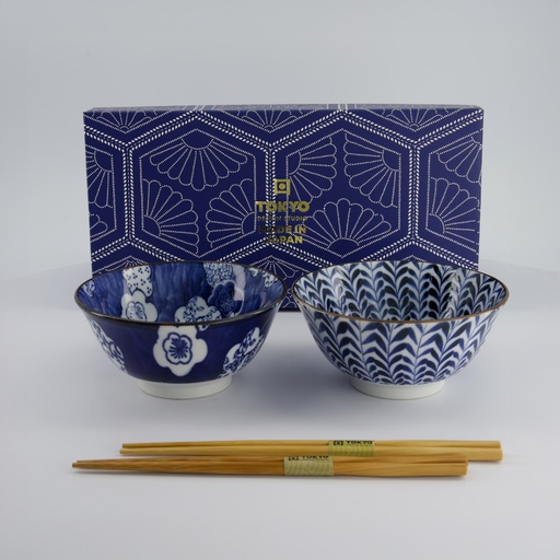 [33790] Tayo Bowl Giftset 2pcs w/chopsticks 15x7cm 550ml Blue/White 33790 1/24