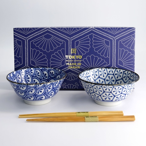 [33814] Mixed Tayo Bowls 2pcs Giftset w/chopsticks 15x7cm 500ml Blue/white F 33814 1/16