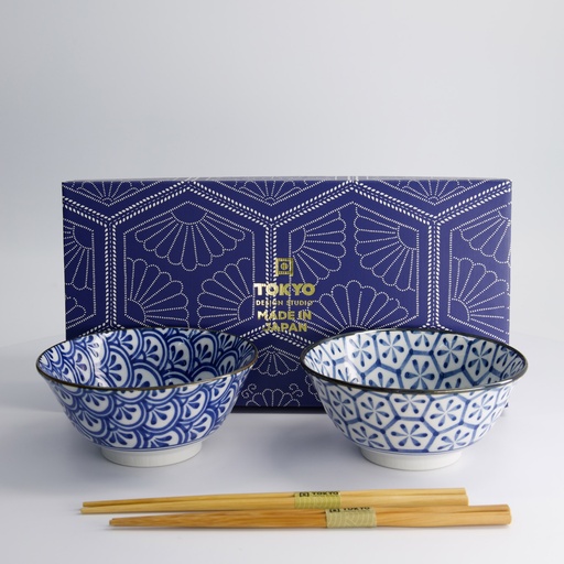 [33814] Mixed Tayo Bowls 2pcs Giftset w/chopsticks 15x7cm 500ml Blue/white F 33814