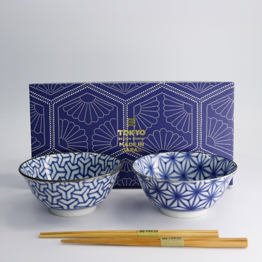 [33815] Mixed Tayo Bowls 2pcs Giftset w/chopsticks 15x7cm 500ml Blue/white G 33815