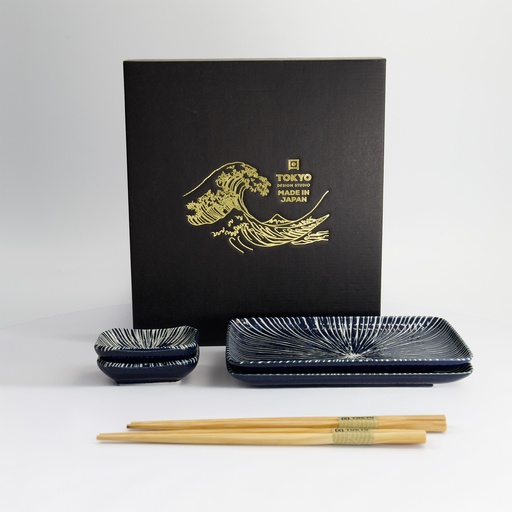 [33846] Blue Tokusa Sushi Giftset 6pcs 20.8x13.3x2.5cm & 8.8x6.3ｘ2.5cm 33846 1/16