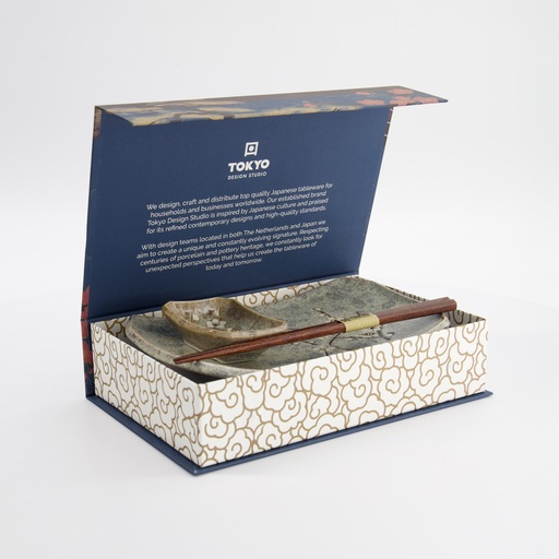 [33944] Grey Soshun Sushi Giftset 3pcs 22x14.5x2.3cm + 8.8x6.5x2.8cm Incl. Chopst 11B 33944