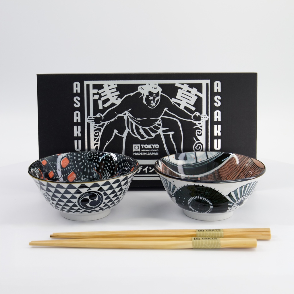 Asakusa Tayo Bowl Giftset 2pcs w/chopsticks 14.8x7cm 550ml C 33606 1/20