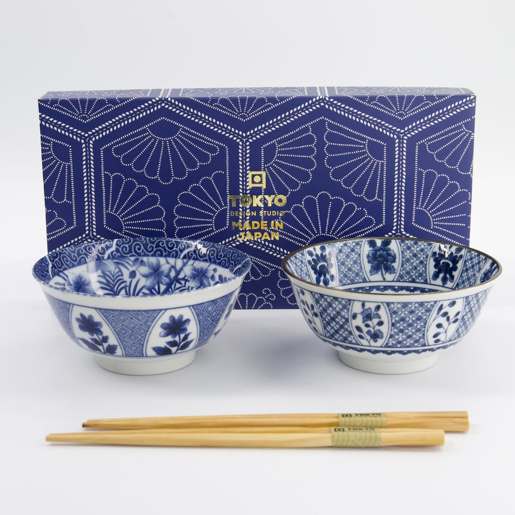 Mixed Tayo Bowls 2pcs Giftset w/chopsticks 15x7cm 500ml Blue/White B 33751 1/16