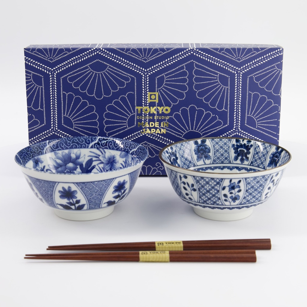 Mixed Tayo Bowls 2pcs Giftset w/chopsticks 15x7cm 500ml Blue/White B 33751 1/16